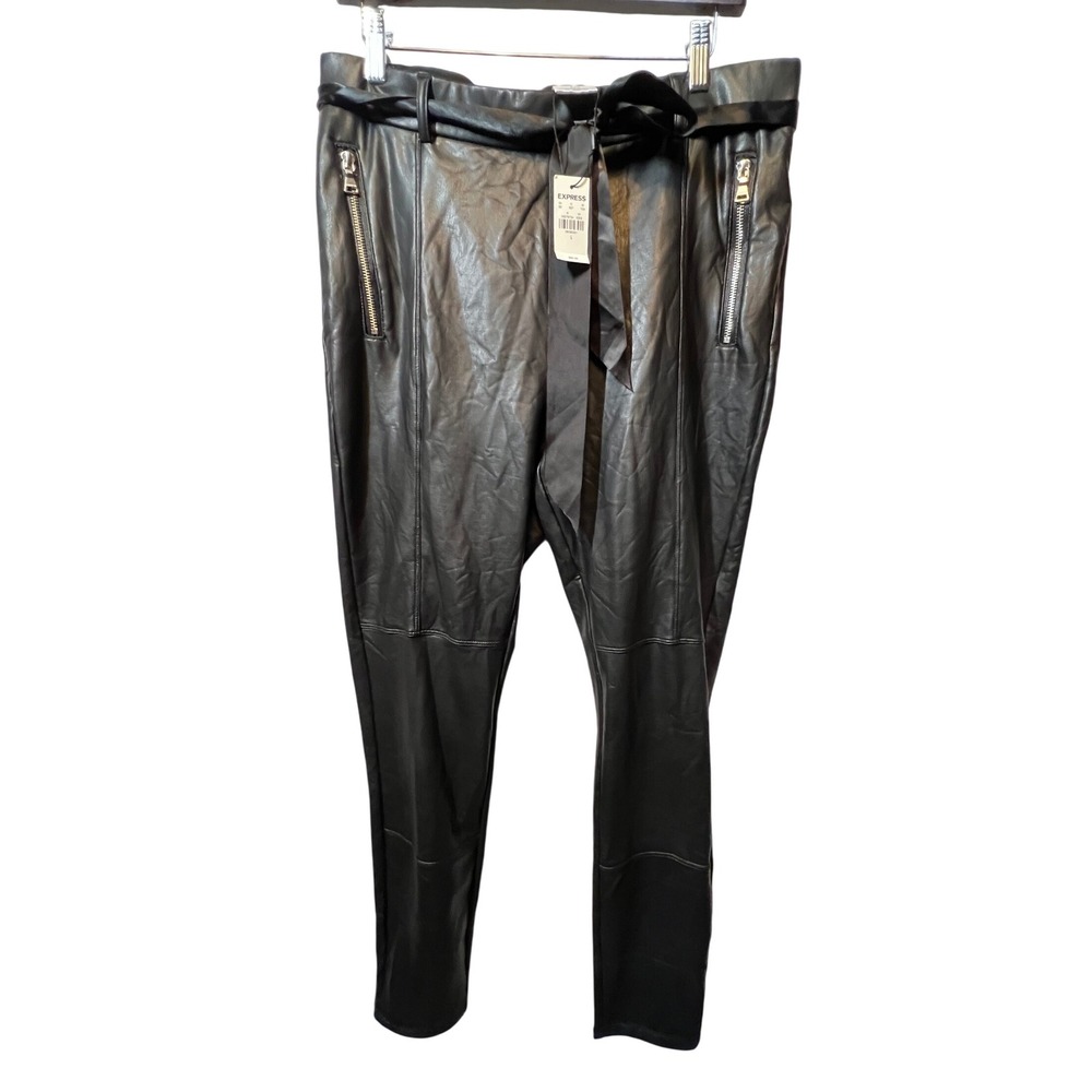 Express L Faux Leather Belted Pants Silver Zipper Front Detail New‎